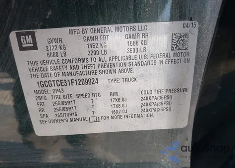 2015 Chevrolet Colorado Z71 from USA, damaged, VIN 1GCGTCE31F1209924
